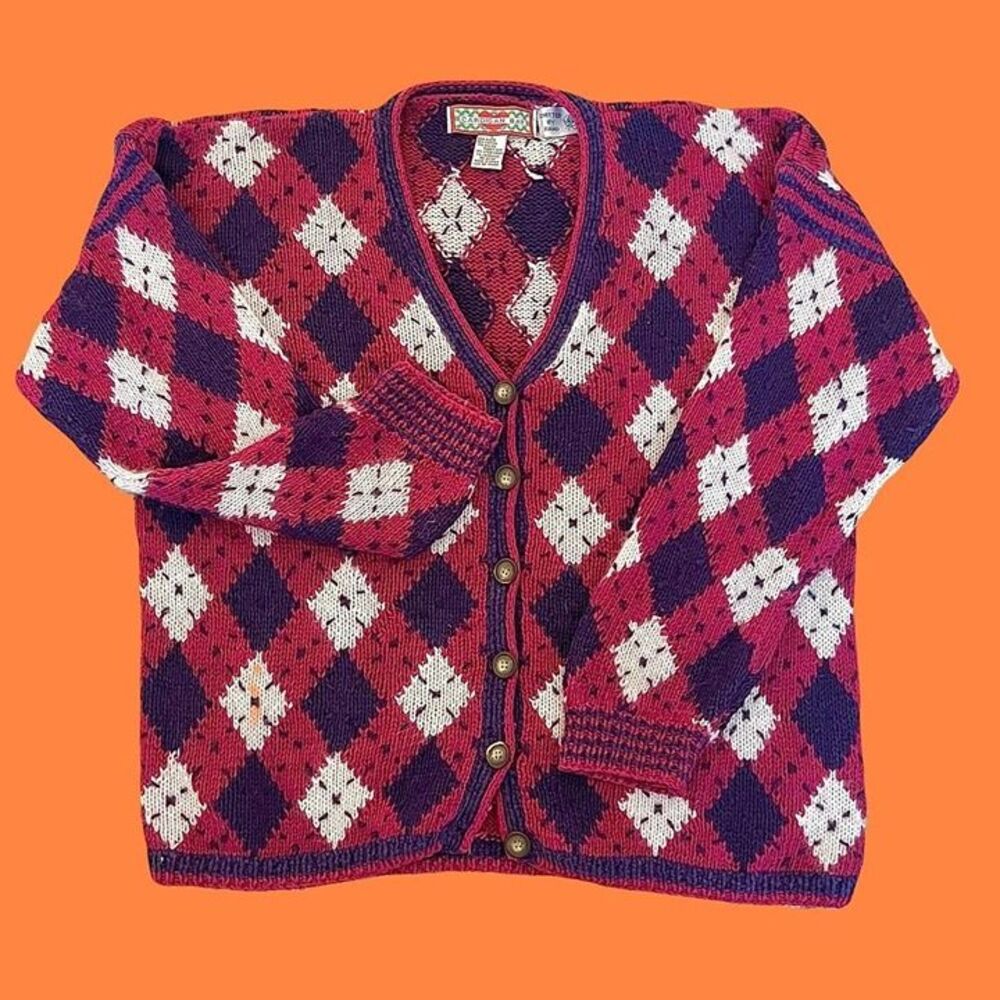 Chunky knit argyle handmade vintage sweater